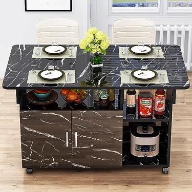 Imagem de Mesa de jantar dobrável moderna, mesa de jantar com folhas caídas, mesa de jantar extensível com gaveta e prateleiras de armazenamento, mesa de jantar com 6 rodas, em 3 formas, economia de espaço