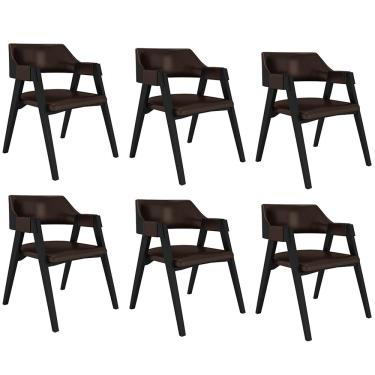 Imagem de Kit 6 Cadeiras Sala de Jantar e Jogos Carteados Madeira Maciça Poker PU Marrom/Preto G42 - Gran Belo