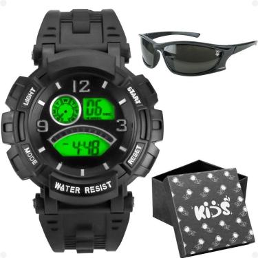 Imagem de Relogio Infantil Digital Silicone Preto + Oculos Sol + Caixa Menino Presente Esportivo Proteção Uv