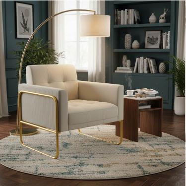 Imagem de Poltrona Sala Decorativa Elisa Base Tubular Alta Dourada Cotelê Ext-veludo Off White D03 - D'rossi