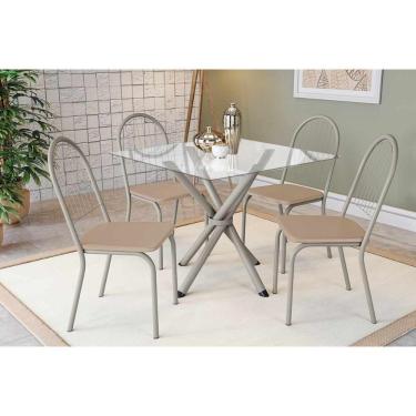 Imagem de Conjunto: Mesa Sala Jantar Volga C- Tampo De Vidro 90cm E 4 Cadeiras Noruega Niquel - Courano Bege - Kappesberg