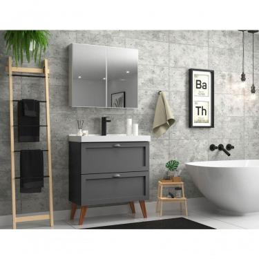 Imagem de Gabinete Para Banheiro Com Cuba E Armario 80cm Retro Mdf Grafite Milano - On Móveis