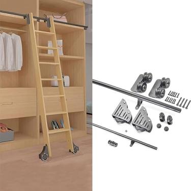 Imagem de Kit de escada de biblioteca rolante com rodas de rolo de piso, trilho de escada móvel de tubo redondo (sem escada), kit de hardware de escada deslizante de biblioteca preta, kit de trilho de