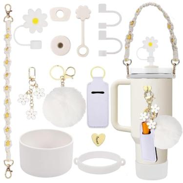 Imagem de Conjunto de acessórios para copos Stanley, 1 alça de garrafa de água, 1 capa de silicone de copo, 1 capa de silicone de canudo, 2 pingentes Stanley para copo Stanley de 1,2 L e copo de 887 ml (branco)