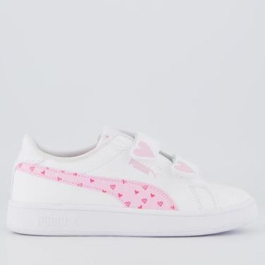 Imagem de Tênis Puma Smash 3.0 Hearty V PS Juvenil Branco e Rosa, 32