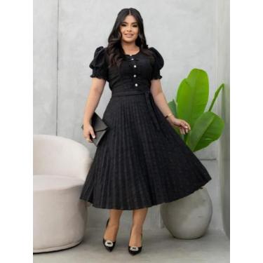 Imagem de Vestido Midi Elegante Plissado Manga Princesa com Babado e Botão Brilh