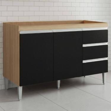 Imagem de Balcão de Cozinha para Pia 100cm 3 Gavetas Andréia Amêndoa/Preto - Ajl Móveis