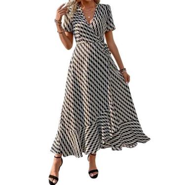 Imagem de Vestido Longo Envelope Floral PRETTYGARDEN com Decote V e Manga Curta 