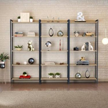 Imagem de Estante de Livros Industrial Aço 240CMX187CM Kit 3 Estantes 5 Pratelei