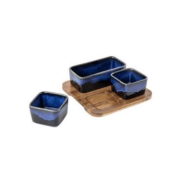 Imagem de Petisqueira Em Madeira E Cerâmica Azul Com 3 Bowls - Btc