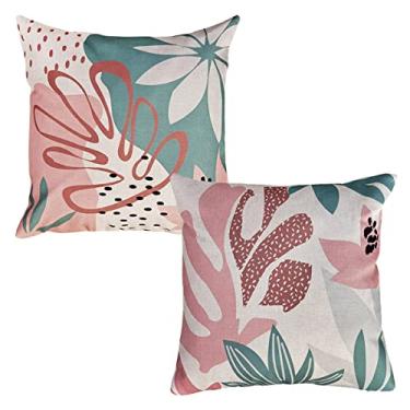 Imagem de Kit 2 Capas Almofada Linho Geometria Floral Rosa Verde 43x43 (Folhas)