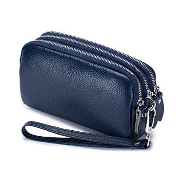 Imagem de Carteira longa feminina de couro legítimo 3 camadas bolsa de bolso com zíper bolsa para telefone carteiras de dinheiro com alça de pulso, Azul, Carteira de pulso