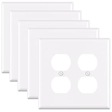 Imagem de ELEGRP Placas de parede para receptáculo duplex de 2 entradas, tamanho médio 12,4 cm A x 12,5 cm C capa frontal termoplástico inquebrável para tomadas duplex, listado pela UL (pacote com 5, branco brilhante)
