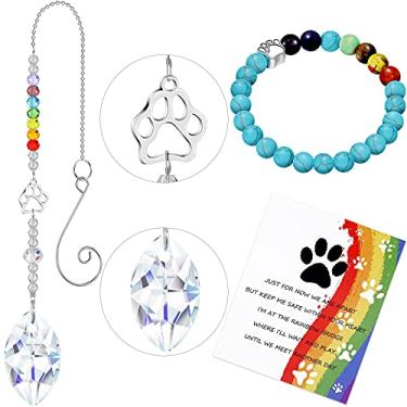 Imagem de Junkin Conjunto memorial de animais de estimação com ponte arco-íris de 3 peças, inclui pulseira de ponte arco-íris com conta de pata de cachorro, sino de vento de cristal memorial de animais de estimação, cartão de poema de simpatia de animais de estimação para mulheres, homens, crianças, amantes d
