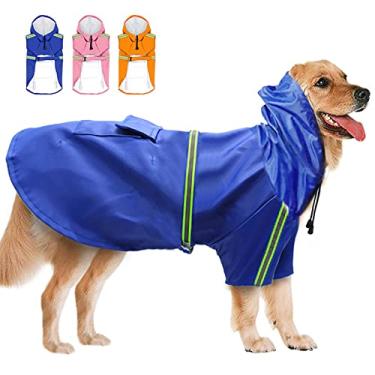 Imagem de Capa de chuva impermeável para cães macacão jaqueta de chuva ajustável refletiva para cães grandes médios pequenos poncho para animais de estimação PU leve com capuz, azul, 4GG (peito: 84cm)