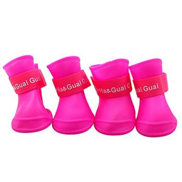 Imagem de Yajun Sapatos de chuva para cães antiderrapantes cores à prova d'água botas de borracha para animais de estimação com alças ajustáveis para quatro estações caminhando ao ar livre 4 peças, rosa, P