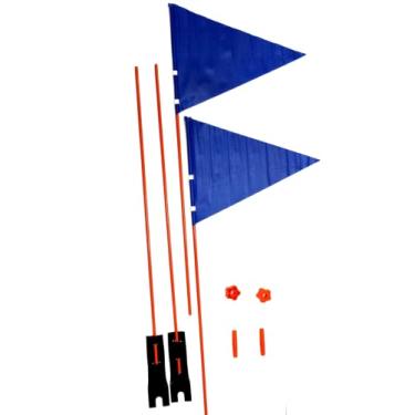 Imagem de Bandeira de segurança de bicicletas com mastro, 2 conjuntos de bandeiras de marcação de 21 x 28 cm feitas de PVC triangular. com 120 cm de comprimento, mastro de núcleo sólido feito de fibra de vidro, adequado para uso de marcador decorativo de bicicleta, carro, van, caminhão. (azul)