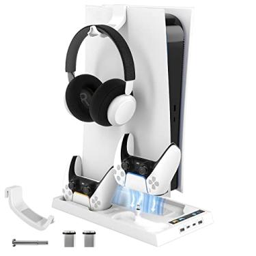 Imagem de Compatível com PS5 Digital Edition e suporte de resfriamento de edição de unidade óptica, base com estação de carregamento de controlador duplo e ventilador de resfriamento (Branco)