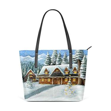 Imagem de Bolsa de ombro feminina de couro de poliuretano, bolsa grande para compras, trabalho, Natal, inverno, cenas felizes, bolsa casual