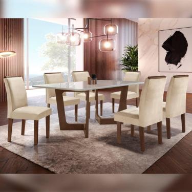Imagem de Conjunto Sala De Jantar Nápoles Tampo Vidro/MDF com 6 Cadeiras Luísa Smart Plus Cel Móveis Chocolate/Off White/Bege