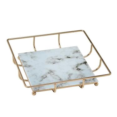 Imagem de Bandeja Decorativa Quadrada em Metal e Vidro Dourado 26cm