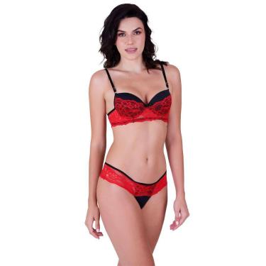 Imagem de Conjunto fio sensual com bojo e arco em poliamida lisa e renda vermelho
