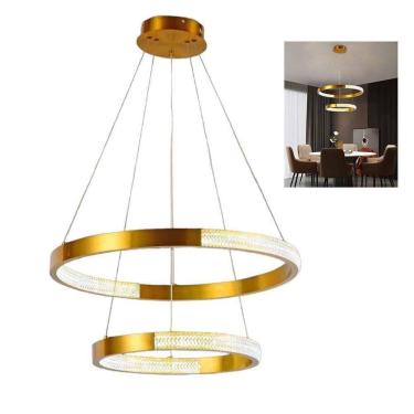 Imagem de Lustre Pendente 2 Aneis Arco Cristal Dourado Luminaria 52w Led Iluminaçao Ambiente Sala...