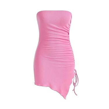 Imagem de Camisa Feminina Solid Ruched Side Asymmetrical Hem Tube Bodycon Dress (Color : Baby Pink, Size : X-Small)