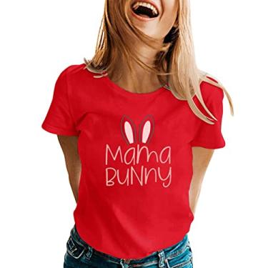 Imagem de PKDong Camisetas femininas de Páscoa com estampa de mamãe coelhinho, estampa de letras fofas de Páscoa, manga curta, gola redonda, coelho, camisetas, Vermelho, P