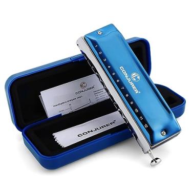 Imagem de CONJURER Gaita cromática de luxo para crianças, adultos, iniciantes, gaita de 12 furos com válvula C, órgão de boca de chave com som de latão, harpa azul