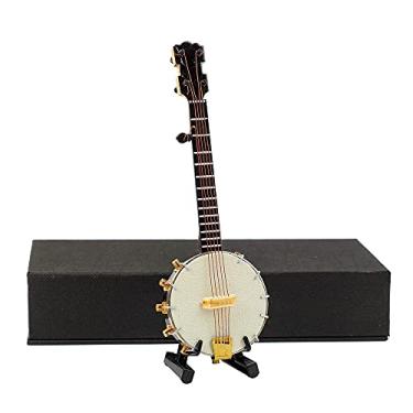 Imagem de Dselvgvu Banjo em miniatura com suporte e estojo, mini instrumento musical colecionável, réplica de mini banjo, modelo de casa de bonecas, ornamento de Natal (14 x 5 x 1,8 cm)