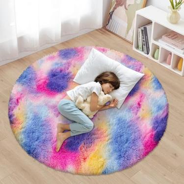 Imagem de ATRUG Tapete redondo fofo rosa choque arco-íris para quarto de meninas, tapetes circulares coloridos para quarto de crianças, tapete redondo felpudo e kawaii para sala de jogos, quarto de bebê,