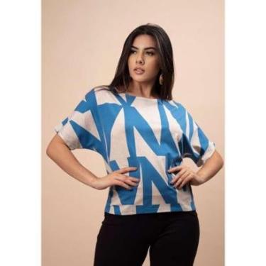 Imagem de Blusa Básica Morcego Malha Gola Canoa Manga Curta Geométrica Blue - P-Veste do 38 ao 40...