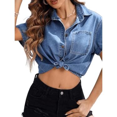 Imagem de MakeMeChic Jaqueta jeans feminina cropped abotoada manga curta gola jaqueta jeans, Lavagem leve, G