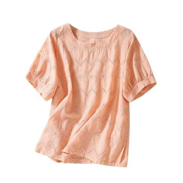 Imagem de Camiseta feminina de linho com gola redonda e manga curta bordada com ilhós, cor sólida, ajuste solto, Laranja, XXG