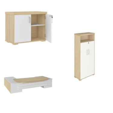 Imagem de Conjunto Executivo Mesa Tamburato Presidente Armário 2 Portas Com Nicho E Balcão 2 Portas Carvalho/Branco