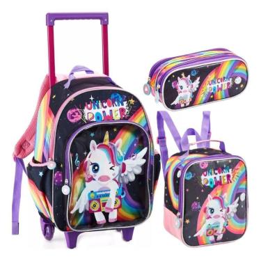 Imagem de Kit Mochila Rodinha Lancheira Estojo Duplo Infantil Feminina Menina Escolar Power Unicó...