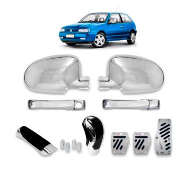 Imagem de kit Jogo Aplique de Maçaneta + Par Aplique Retrovisor + Tampa de Válvula + Kit Chrome (Pedaleira, Bola de Câmbio e freio de mão) Gol G2 1995 1996 1997 1998 1999 Kit Cromado
