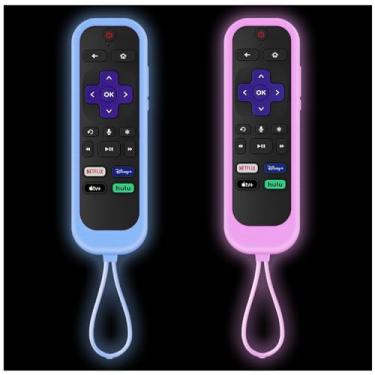 Imagem de Pacote com 2 capas para controle remoto Roku com rastreador | Capas para controle remoto Onn Roku | Roku Express 4K+ | Roku TV | TCL Roku brilha no escuro