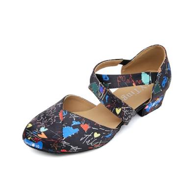 Imagem de YYTing Tênis de dança de salão feminino Swing Latin (bico fechado, sola de camurça, fecho elástico) salto de 3,8 cm YT26, Padrão misto, 41