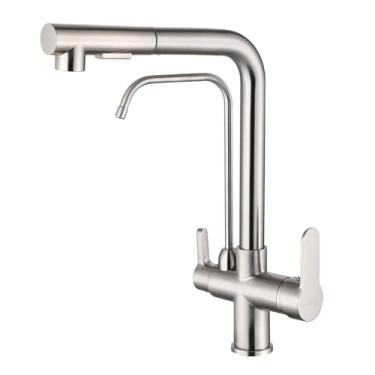 Imagem de HUAHUALALA Torneira de pia de cozinha com 2 alças 3 em 1 purificador de filtro de água torneiras giratórias, torneira de latão para água potável torneira de osmose reversa, níquel escovado