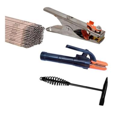 Imagem de Kit Garra Negativa+ Porta Eletrodo 300a + Martelo Picadeira+1kg de ele