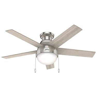 Imagem de Hunter Fan Company Ventilador de teto baixo perfil interno Hunter Anslee 50278 com luz LED e controle de corrente de puxar, 116,8 cm, acabamento em níquel escovado