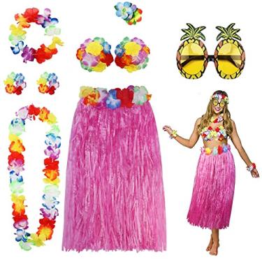 Imagem de PHOGARY Kit de acessórios de fantasia de saia Hula para festa do Havaí Luau - Hula dançante com parte superior de biquíni floral, Lei havaiana, clipe de cabelo de hibisco, óculos de sol de abacaxi para mulheres (rosa)