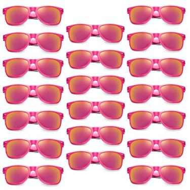 Imagem de Pibupibu Pacote com 20 óculos de sol rosa choque a granel, lentes espelhadas retrô dos anos 80, conjunto de óculos de sol neon para mulheres e homens