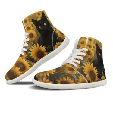 Imagem de GOSTONG Sapatos femininos de bico largo, sapatos de caminhada confortáveis, sem queda, casual, antiderrapante, para viagens ao ar livre, sapatos de cano alto EUA 6-12,5, Girassóis gato preto, 12.5