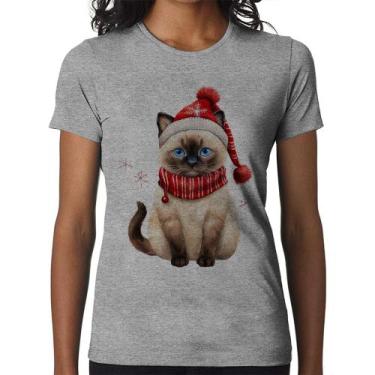 Imagem de Baby Look Gato Natalino Gorro e Cachecol - Foca na Moda, Cinza, GG