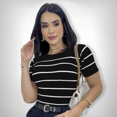 Imagem de Cropped Blusa Listrada Manga Curta Tricot Modal Blogueira - SWISS BOUT