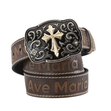 Imagem de Cinto Country Feminino Masculino Ave Maria Couro com Fivela Cruz de Ma