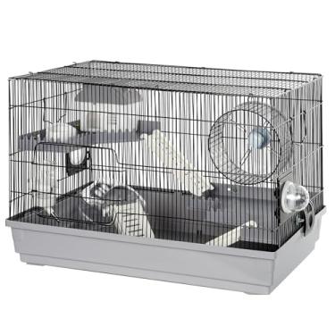 Imagem de LOOBMBNS Kit de gaiola de hamster 55 cm C x 30 cm L x 38 cm A com 2 plataformas espaçosas, roda de exercícios, esconderijo, garrafa de água, banheira, escadas, tigela de comida, preto/cinza